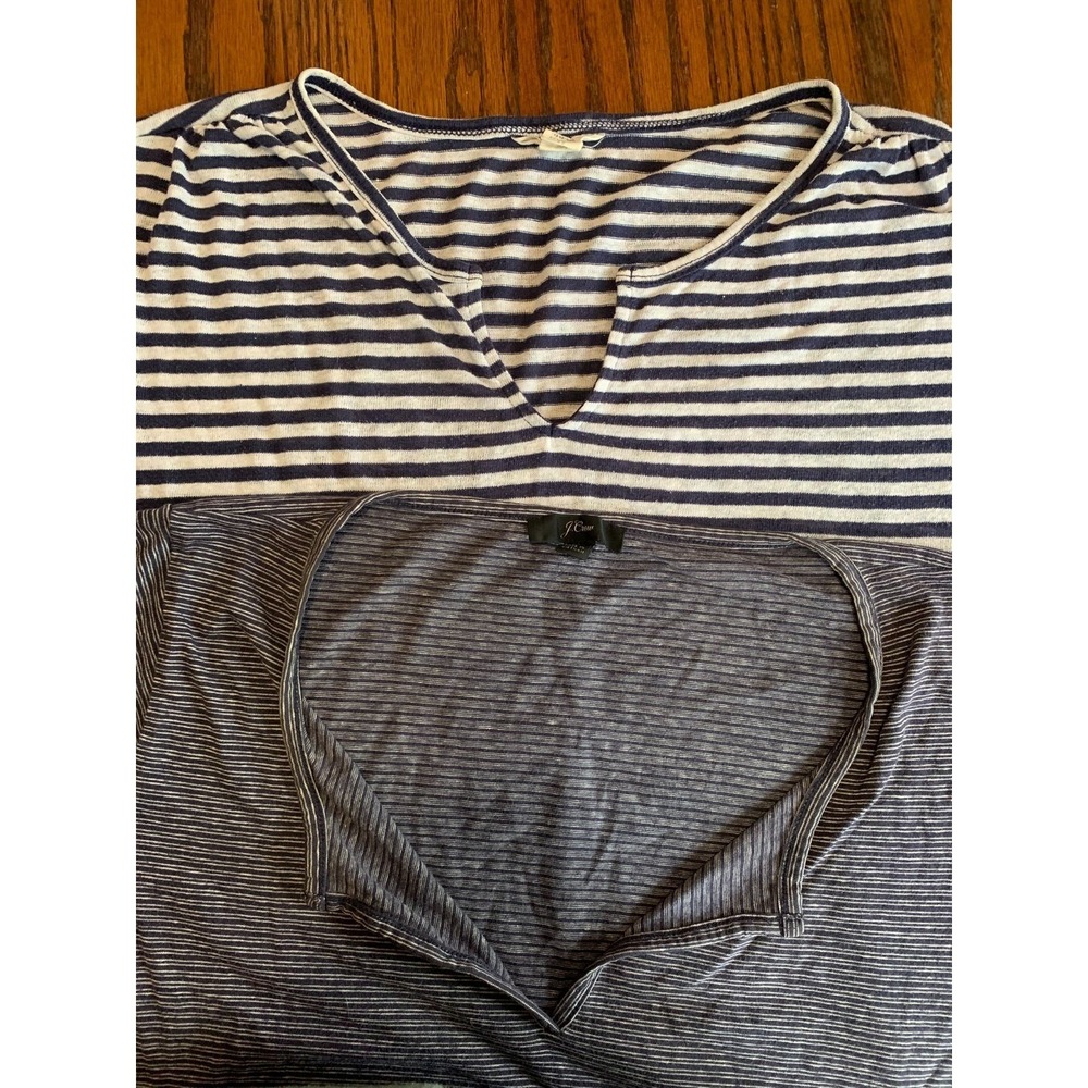 J Crew & Caslon Striped Linen Blend V-Neck T-Shirt Bundle Blue White Medium